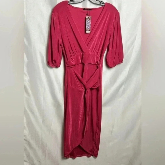 BOOHOO bodycon barbiecore dress! NWT wrap overlay,fuchsia,supplice,event,sexy - Picture 13 of 15